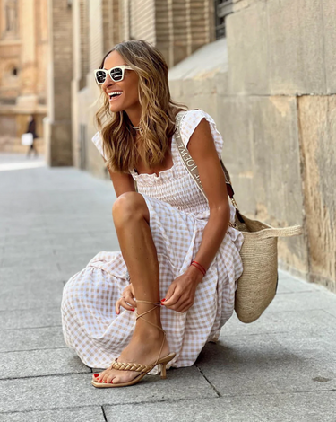 Women's Smocked Gingham Maxi Dress with Ruffle Sleeves 1