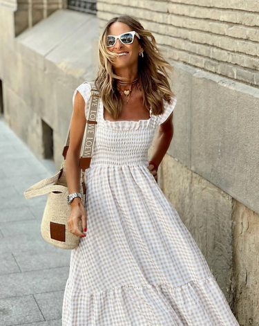 Women's Smocked Gingham Maxi Dress with Ruffle Sleeves 2
