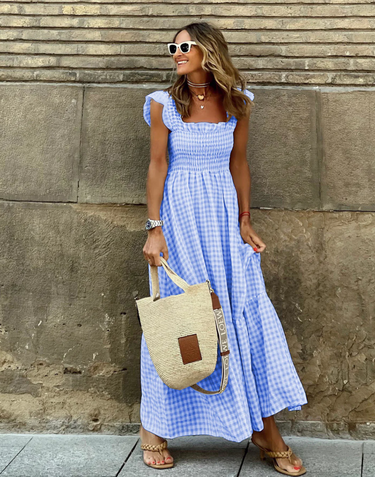 Women's Smocked Gingham Maxi Dress with Ruffle Sleeves 4