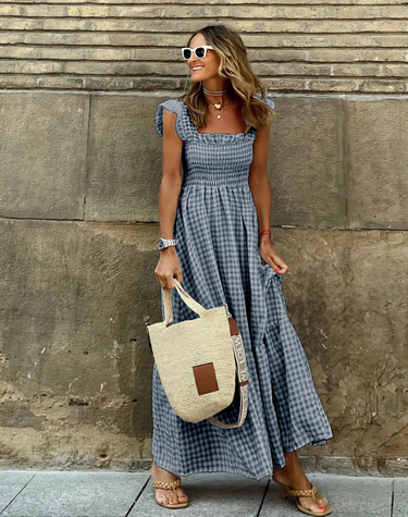 Women's Smocked Gingham Maxi Dress with Ruffle Sleeves 5