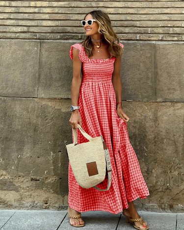 Women's Smocked Gingham Maxi Dress with Ruffle Sleeves 6