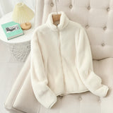 Women's Solid Color Fleece Coat Autumn Winter Warm Zipper Hoodie Loose Stand Collar Jacket Fashion Casual Elegant Ladies Clothes 1