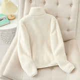 Women's Solid Color Fleece Coat Autumn Winter Warm Zipper Hoodie Loose Stand Collar Jacket Fashion Casual Elegant Ladies Clothes 2