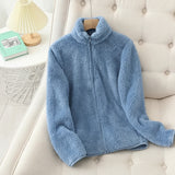 Women's Solid Color Fleece Coat Autumn Winter Warm Zipper Hoodie Loose Stand Collar Jacket Fashion Casual Elegant Ladies Clothes 3