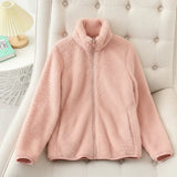 Women's Solid Color Fleece Coat Autumn Winter Warm Zipper Hoodie Loose Stand Collar Jacket Fashion Casual Elegant Ladies Clothes 4