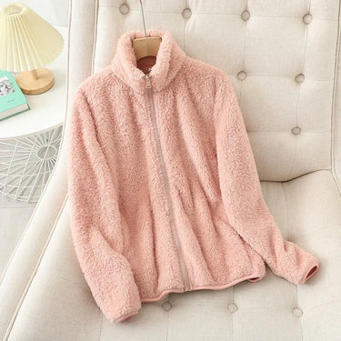 Women's Solid Color Fleece Coat Autumn Winter Warm Zipper Hoodie Loose Stand Collar Jacket Fashion Casual Elegant Ladies Clothes 4