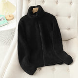 Women's Solid Color Fleece Coat Autumn Winter Warm Zipper Hoodie Loose Stand Collar Jacket Fashion Casual Elegant Ladies Clothes 5