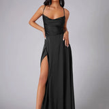 Women's Spaghetti Strap Evening Maxi Dress with High Slit 7