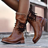 Women’s Studded Lace-Up Mid-Calf Boots with Low Heel and Vintage Finish 0