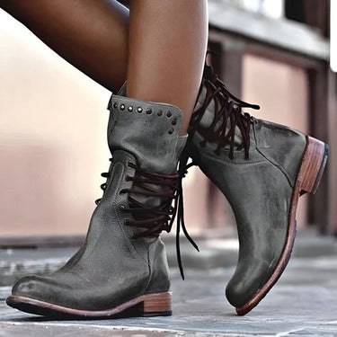 Women’s Studded Lace-Up Mid-Calf Boots with Low Heel and Vintage Finish 4
