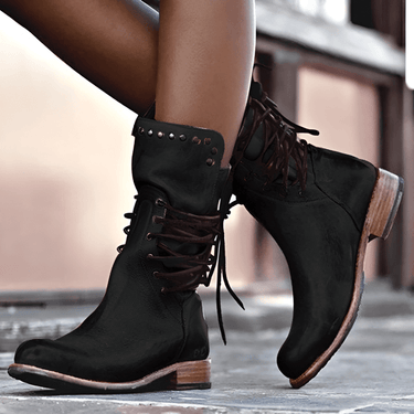 Women’s Studded Lace-Up Mid-Calf Boots with Low Heel and Vintage Finish 5