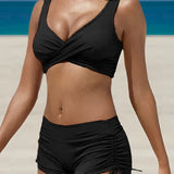 Women's Two-Piece Bikini Set with Ruched Shorts and Wrap Top 2
