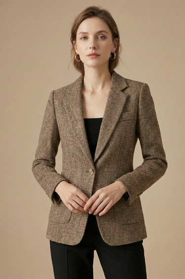 Women’s Wool Blazer Jacket with Notch Lapel Single Button Closure and Front Pockets 0
