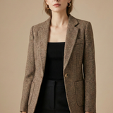 Women’s Wool Blazer Jacket with Notch Lapel Single Button Closure and Front Pockets 1