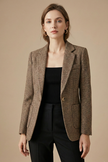 Women’s Wool Blazer Jacket with Notch Lapel Single Button Closure and Front Pockets 1