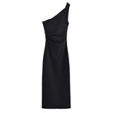 Women's asymmetrical stretch dress oblique collar sleeveless suspenders backless midi dress summer new fashion long dress 8