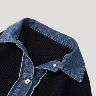 Women’s navy knit cardigan with denim trim 2