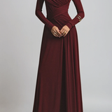 Asymmetric Neckline Ruched Long Sleeve Evening Maxi Dress