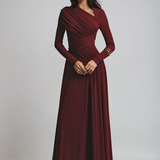 Asymmetric Neckline Ruched Long Sleeve Evening Maxi Dress