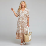 Block Print Tiered Boho Midi Dress for Summer