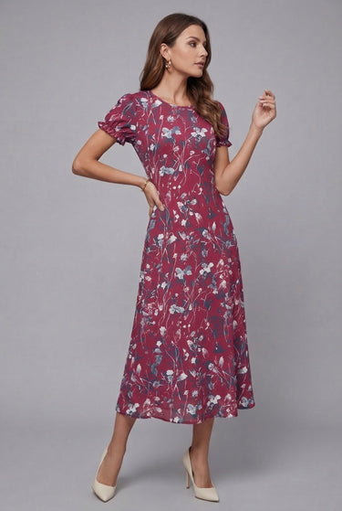 Crew Neck Short Sleeve Floral Chiffon Flowy Midi Summer Dress