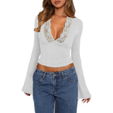 Women's Feminine Long-sleeved top with lace — White