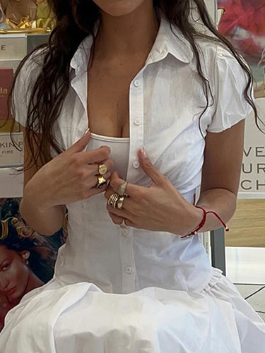 White Vintage Slim Waist V Neck Short Sleeve Shirt 3