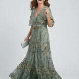 Embroidered Floral V-Neck Maxi Dress - Holiday and Wedding Guest Summer Dress