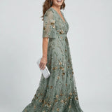 Embroidered Floral V-Neck Maxi Dress - Holiday and Wedding Guest Summer Dress