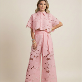 Floral Lace Cut-Out Cropped Shirt and Wide-Leg Trousers Set