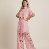 Floral Lace Cut-Out Cropped Shirt and Wide-Leg Trousers Set