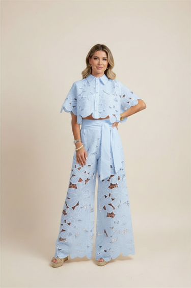 Floral Lace Cut-Out Cropped Shirt and Wide-Leg Trousers Set