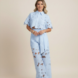 Floral Lace Cut-Out Cropped Shirt and Wide-Leg Trousers Set