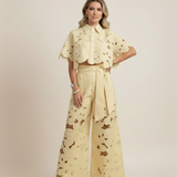 Floral Lace Cut-Out Cropped Shirt and Wide-Leg Trousers Set