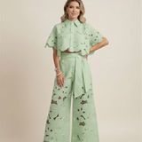 Floral Lace Cut-Out Cropped Shirt and Wide-Leg Trousers Set