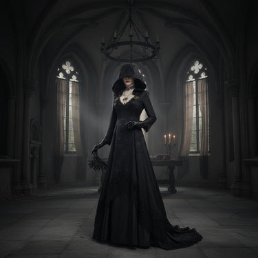 Gothic Vampire Costume Halloween Hooded Black Dress With Lace Choker Pendant And Gloves - Image 1