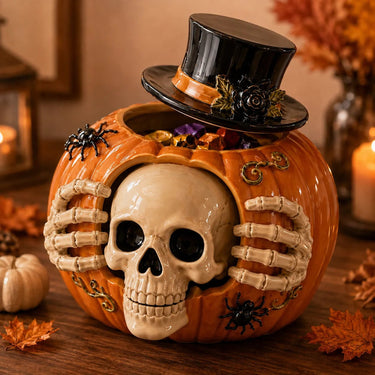 Halloween Candy Jar Skull Pumpkin Candy Jar With Top Hat And Skeleton Hands Open Container Design For Storing Treats - Image 2