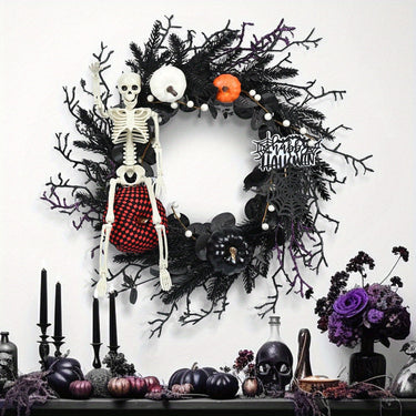 Halloween Wreath Gothic Skeleton Pumpkin Door Decor Wall Hanging Ready - Image 1