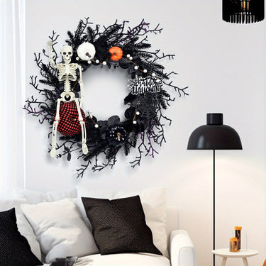 Halloween Wreath Gothic Skeleton Pumpkin Door Decor Wall Hanging Ready - Image 2