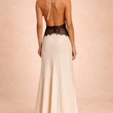 Halter Neck Satin Maxi Dress with Lace Waist Panel