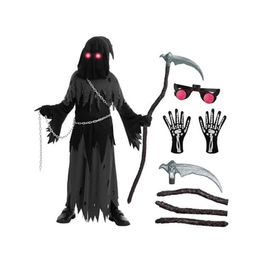 Kids Halloween Costume Grim Reaper Hooded Robe Set With Glowing Eyes And Complete Accessory Kit - Image 3