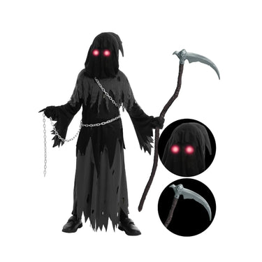 Kids Halloween Costume Grim Reaper Hooded Robe Set With Glowing Eyes And Complete Accessory Kit - Image 5