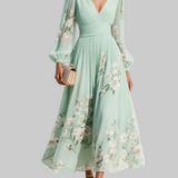 Long Sleeve Floral Midi Dress with Pleated Skirt