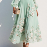 Long Sleeve Floral Midi Dress with Pleated Skirt