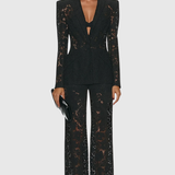 Long Sleeve Lace Blazer and Wide-Leg Trousers Two-Piece Suit Set
