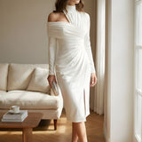 Long Sleeve One Shoulder Bodycon Midi Dress with Slit - Wedding Guest Cocktail Dress