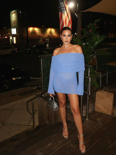 Off-Shoulder Bouclé Knit Long Sleeve Mini Dress