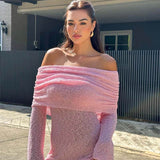 Off-Shoulder Bouclé Knit Long Sleeve Mini Dress