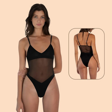 One Piece Swimsuit Flattering Monokini V-Neck Sheer Mesh - Image 2