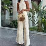 Pleated Halter Top and Wide-Leg Trousers Two-Piece Set